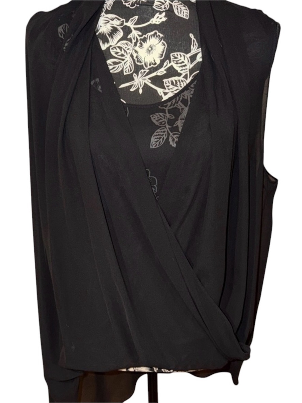 Vince Camuto, size large, black semi sheer , sleeveless faux wrap top, oversized